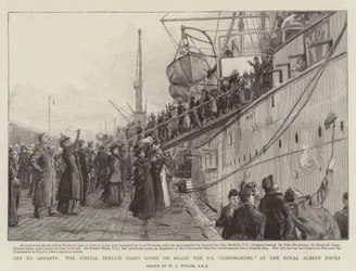 Auf nach Ashanti, das Special Service Corps geht an Bord der SS Coromandel in den Royal Albert Docks